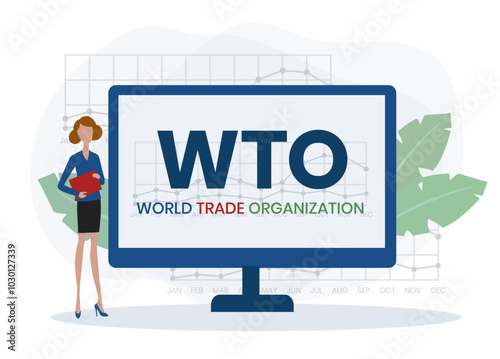 WTO - World Trade Organization acronym, business concept. word lettering typography design illustration with line icons and ornaments. Internet web site promotion concept vector lay