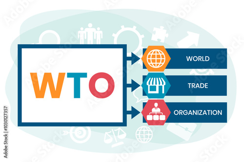 WTO - World Trade Organization acronym, business concept. word lettering typography design illustration with line icons and ornaments. Internet web site promotion concept vector lay