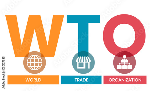 WTO - World Trade Organization acronym, business concept. word lettering typography design illustration with line icons and ornaments. Internet web site promotion concept vector lay