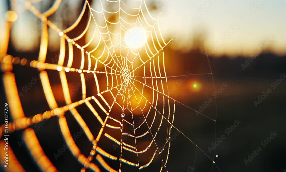 Delicate and intricate spider web sparkling with dew drops capturing the warm glow of morning sunlight against a vibrant autumn landscape backdrop 
