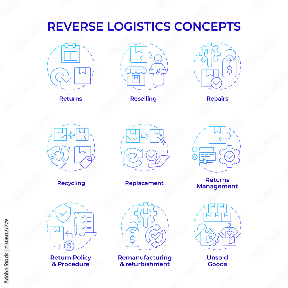 Reverse logistics blue gradient concept icons. Reselling. Product repair. Return management. Circular economy. Quality control. Icon pack. Vector images. Round shape illustrations. Abstract idea Reverse logistics blue gradient concept icons. Reselling. Product repair. Return management. Circular economy. Quality control. Icon pack. Vector images. Round shape illustrations. Abstract idea