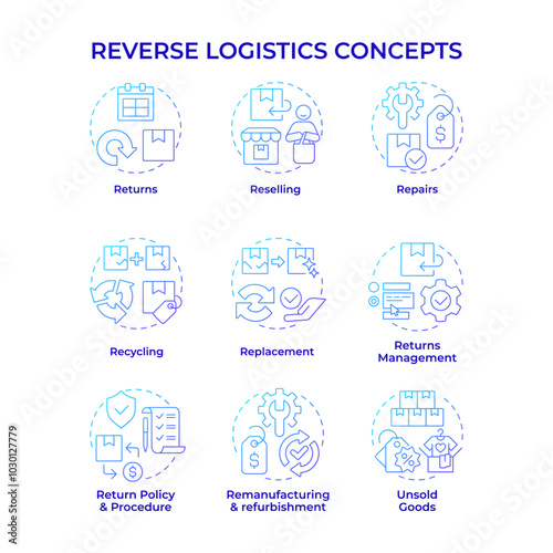 Reverse logistics blue gradient concept icons. Reselling. Product repair. Return management. Circular economy. Quality control. Icon pack. Vector images. Round shape illustrations. Abstract idea