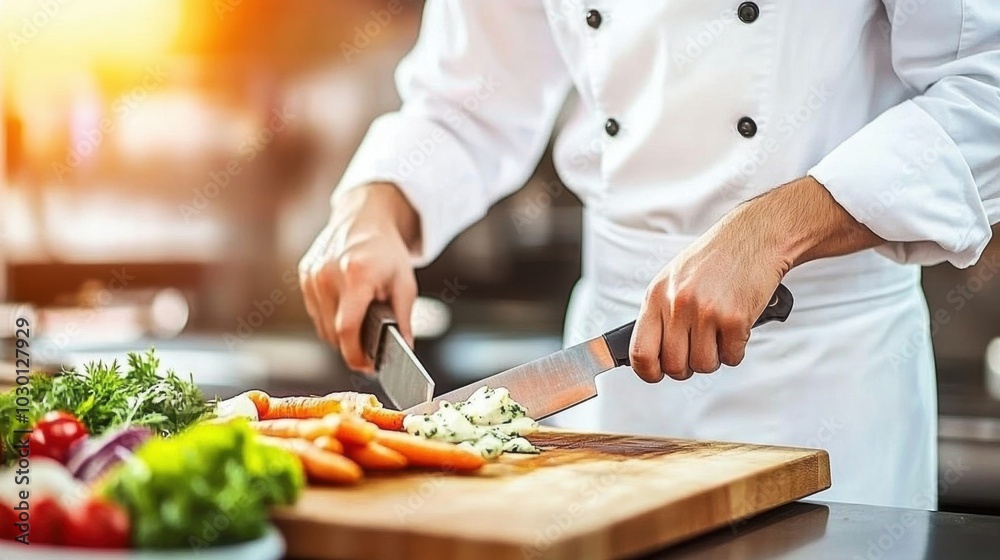 Chef Chopping Vegetables on Cutting Board Chef Chopping Vegetables on Cutting Board