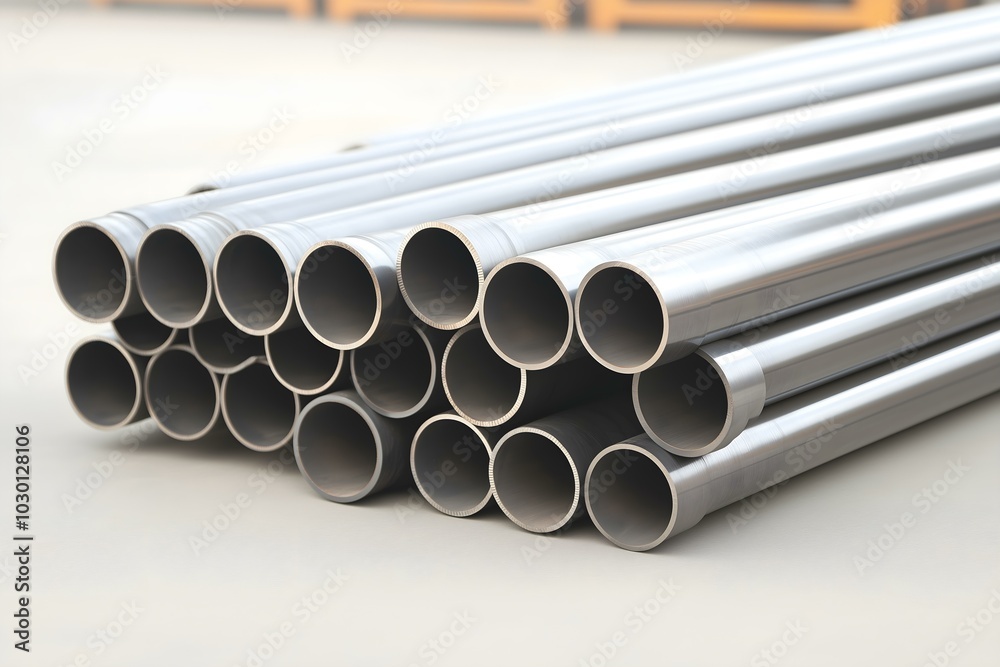 Metal pipes stacked in a factory setting Metal pipes stacked in a factory setting