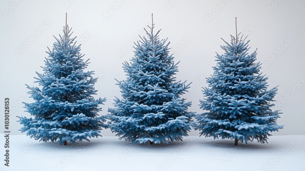 Fototapeta premium Christmas trees, blue ornaments, white background. Generative AI
