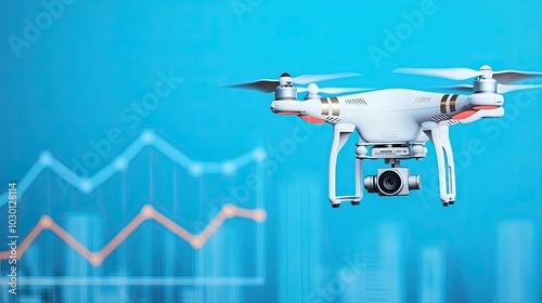 A drone hovers in front of a vibrant blue background, showcasing a business graph, illustrating technology's role in data analysis and aerial photography.