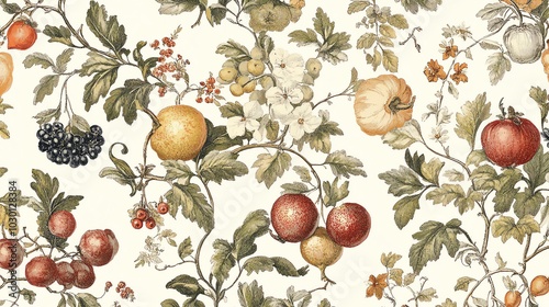 Floral vintage pattern with fruits.
