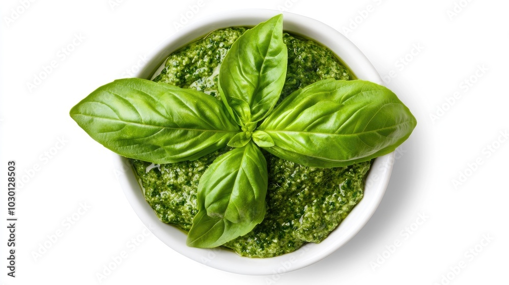 Lush Green Basil Sauce in White Bowl Lush Green Basil Sauce in White Bowl