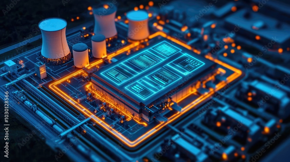Aerial view of a high-tech power facility, illuminated with blue and orange lights, showcasing cooling towers and a modern energy grid layout. Aerial view of a high-tech power facility, illuminated with blue and orange lights, showcasing cooling towers and a modern energy grid layout.