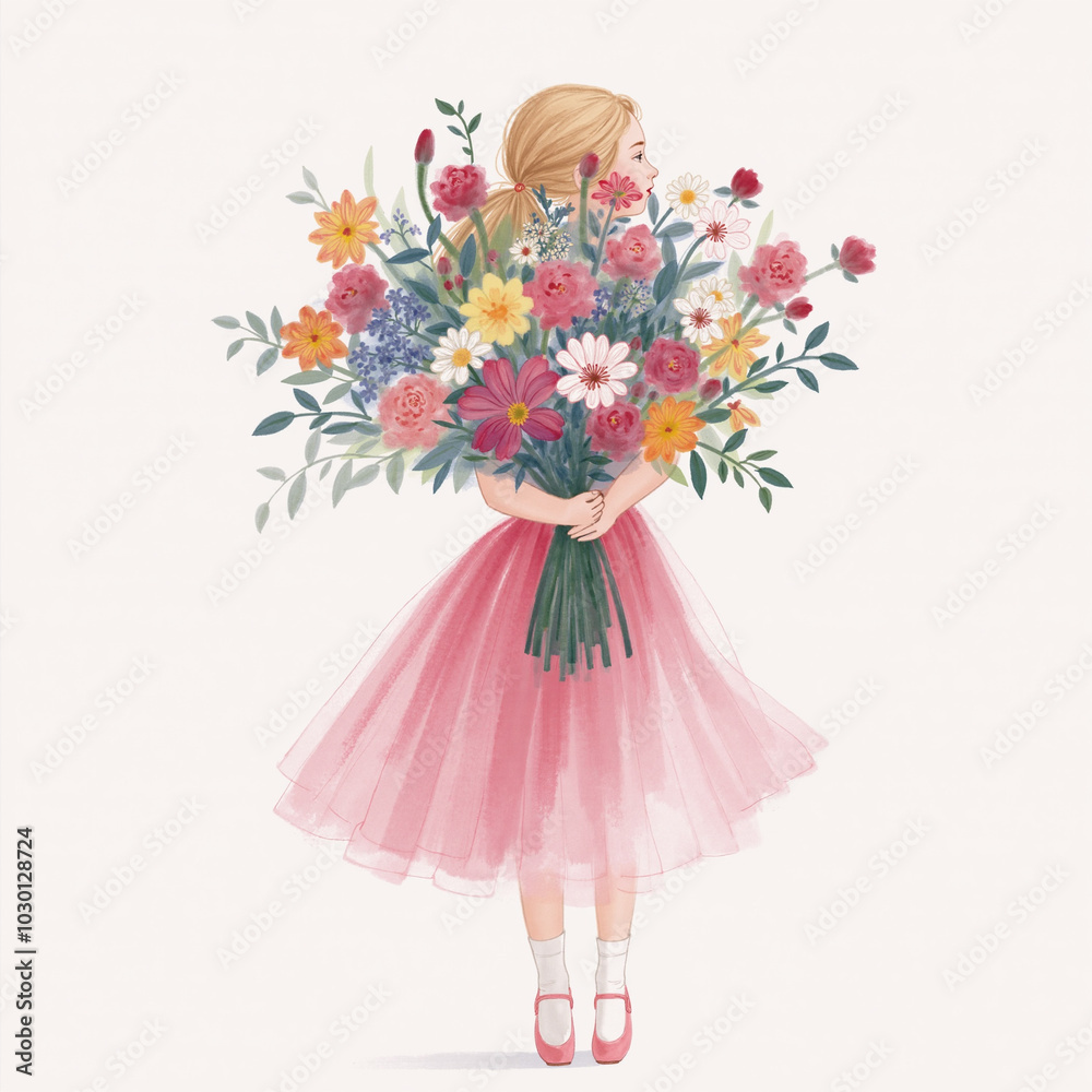 Beautiful Girl and Flowers, Watercolor Back View Illustration Beautiful Girl and Flowers, Watercolor Back View Illustration