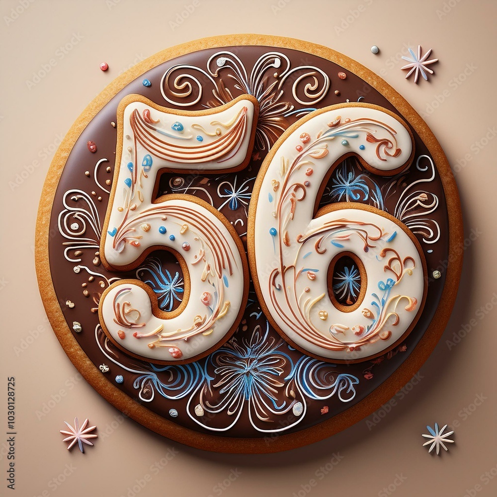 Decorated cookie, number 56, illustration for birthday or anniversary celebration Decorated cookie, number 56, illustration for birthday or anniversary celebration