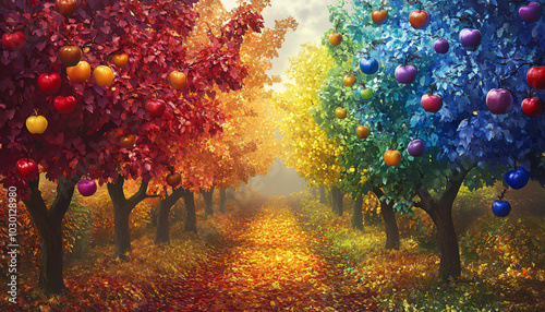 A peaceful orchard filled with rows of trees whose leaves are glowing in rainbow colors. Red, blue, green, and golden apples dangle from the branches photo