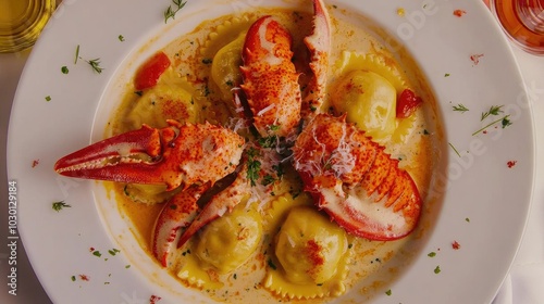 Lobster Ravioli in Saffron Cream Sauce with Garnish photo