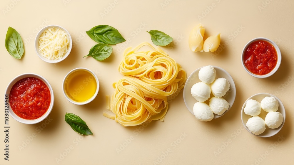 Flat lay of fresh pasta ingredients including fettuccine, mozzarella, tomato sauce, olive oil, parmesan cheese and basil leaves on a light beige background. Flat lay of fresh pasta ingredients including fettuccine, mozzarella, tomato sauce, olive oil, parmesan cheese and basil leaves on a light beige background.