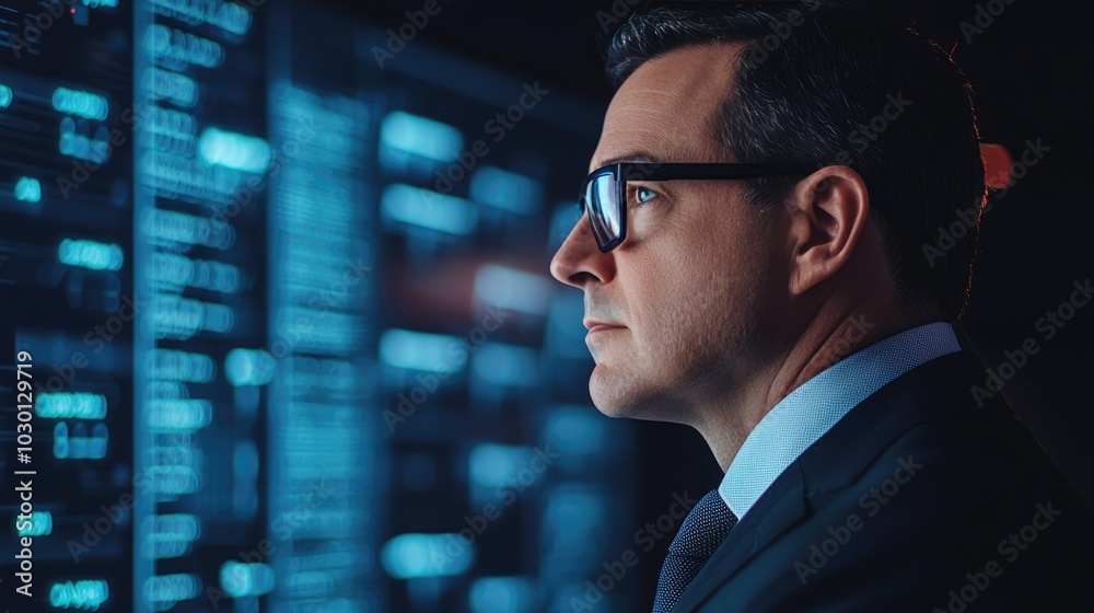 A focused professional analyzes digital data on a screen, showcasing technology and insight in a corporate environment. A focused professional analyzes digital data on a screen, showcasing technology and insight in a corporate environment.