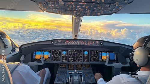 Pilots Inside a Modern Airplane Cockpit Flying Through Clouds
