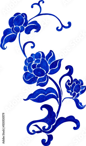 Photos blue floral vine with blooming flower and bud, hand-drawn watercolor illustratio