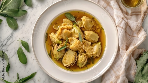 Top Down View of Artichokes in Olive Oil Dish