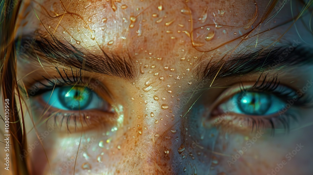 Close-up Portrait of a Woman with Blue Eyes and Water Drops on Her Skin