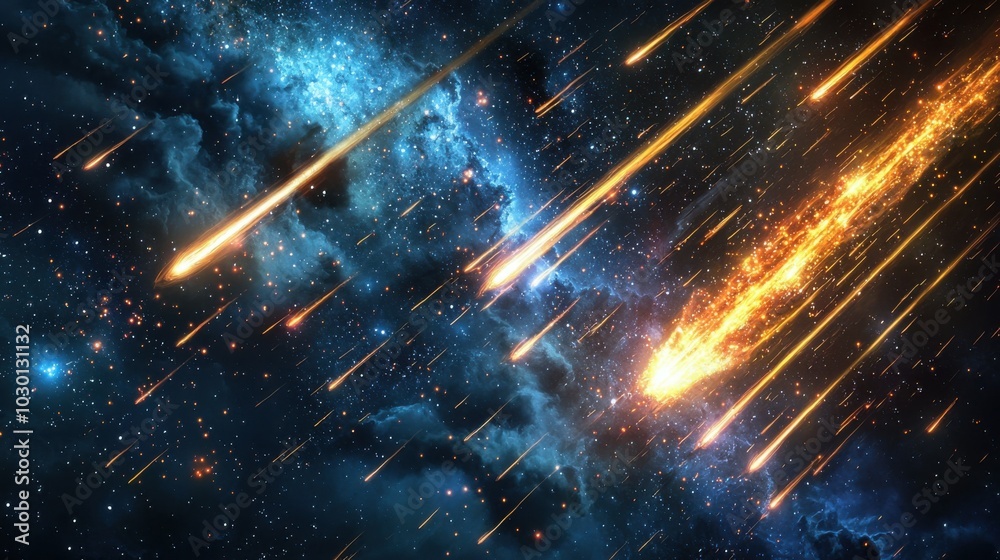 A stunning view of a cosmic scene featuring vibrant meteor showers against a backdrop of colorful galaxies and stars, creating an otherworldly atmosphere. A stunning view of a cosmic scene featuring vibrant meteor showers against a backdrop of colorful galaxies and stars, creating an otherworldly atmosphere.