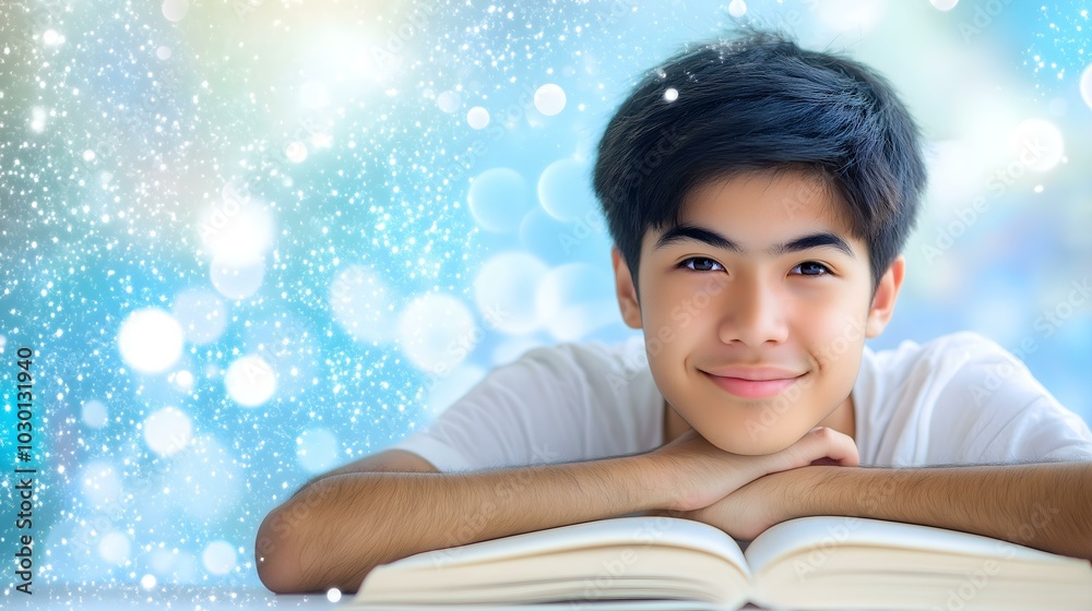 Smiling boy reading book with soft background Smiling boy reading book with soft background