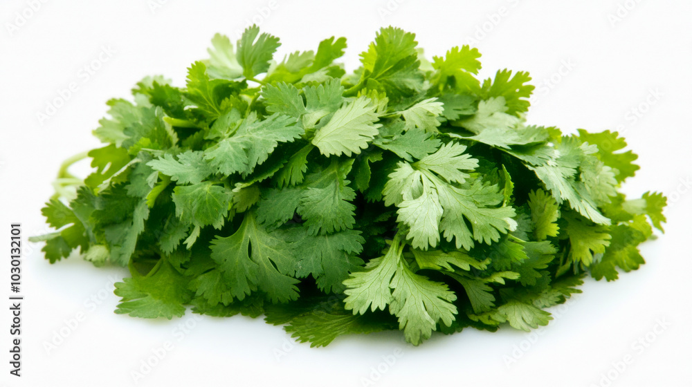 A bunch of fresh cilantro with its delicate, curly leaves, isolated on a white background A bunch of fresh cilantro with its delicate, curly leaves, isolated on a white background