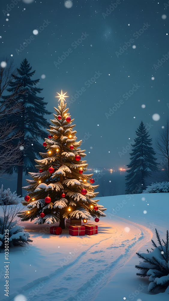 Obraz premium Christmas tree with gift boxes and red balls in the forest