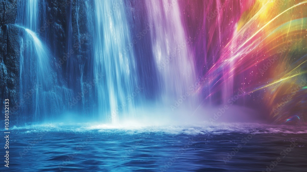 A vibrant waterfall cascades down with a rainbow of colors in the background, creating a mystical atmosphere, surrounded by serene water. A vibrant waterfall cascades down with a rainbow of colors in the background, creating a mystical atmosphere, surrounded by serene water.