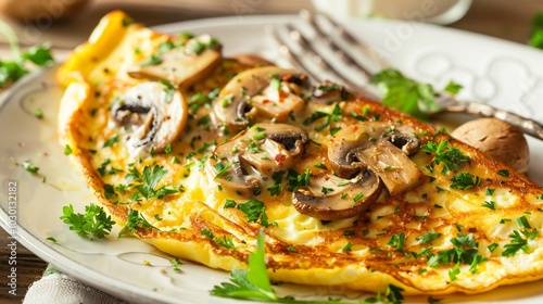 Mushroom and Parsley Omelette on a White Plate