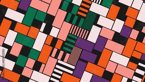 Colorful Geometric Block Pattern with Stripes. Bold colors such as orange, pink, green, black and purple. Mix of rectangles and lines arranged in an intricate and dynamic layout. 4K Seamless loop