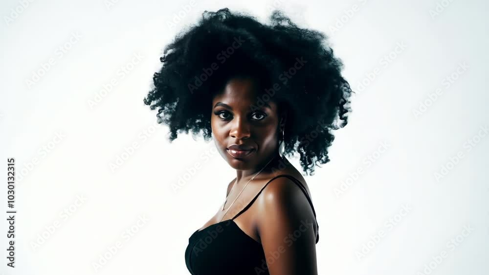 Beautiful woman with voluminous natural afro hair poses against white isolated background. Black top, confidence, elegance. Pretty african american girl portrait, look camera. Attractive studio model. Beautiful woman with voluminous natural afro hair poses against white isolated background. Black top, confidence, elegance. Pretty african american girl portrait, look camera. Attractive studio model.