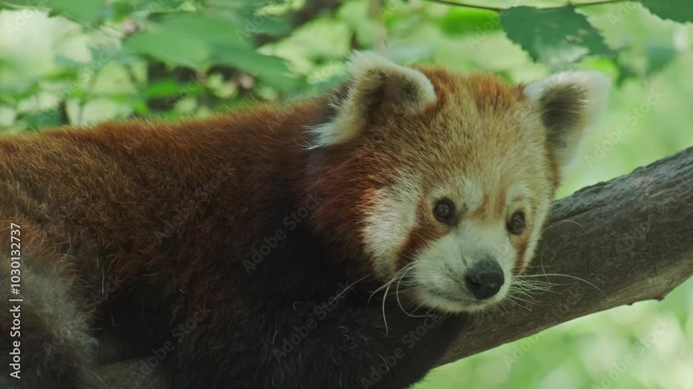 Tired red panda, cute animal resting lazy on a tree, 4k Tired red panda, cute animal resting lazy on a tree, 4k