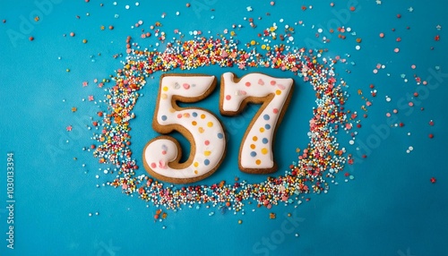 Decorated cookie, number 57, image for birthday or anniversary celebration