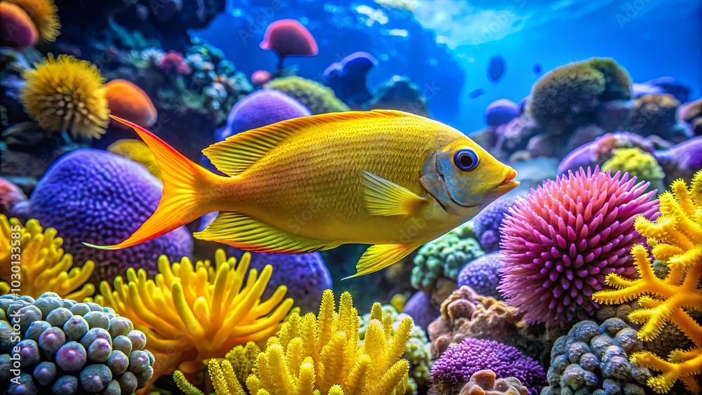 Naklejka premium A vibrant yellow fish with a blue eye swims through a colorful reef, surrounded by pink, purple, and yellow coral