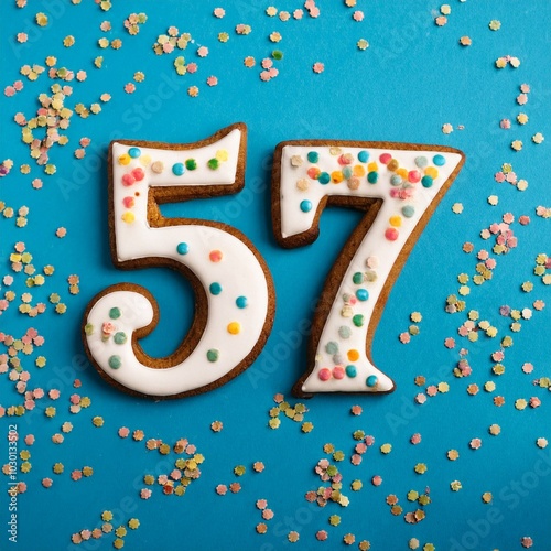 Decorated cookie, number 57, image for birthday or anniversary celebration