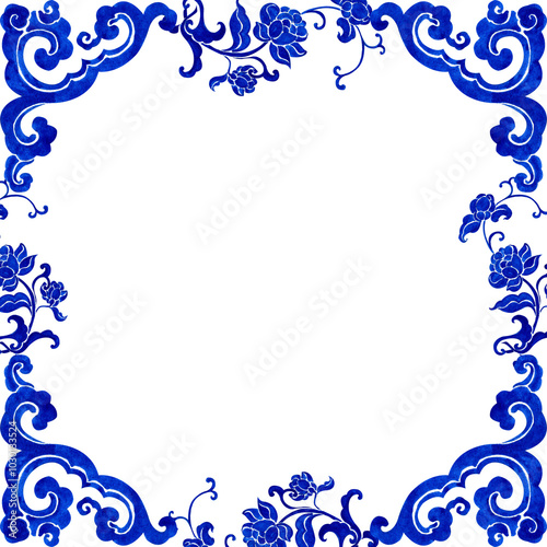 blue floral vine porcelain vase, chinese porcelain, hand-drawn watercolor painting frame design