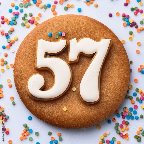 Decorated cookie, number 57, image for birthday or anniversary celebration