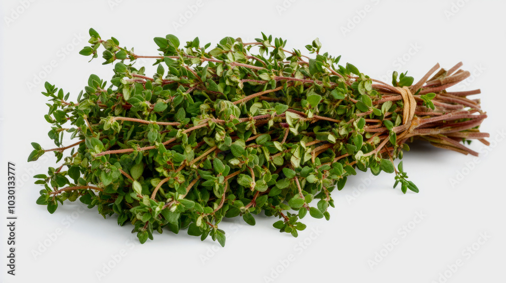 A bundle of fresh thyme with tiny, fragrant green leaves, arranged on a white background A bundle of fresh thyme with tiny, fragrant green leaves, arranged on a white background