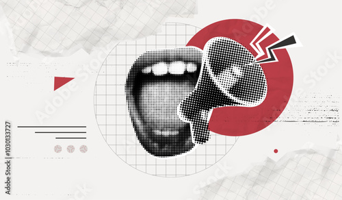 Trendy Halftone Collage screaming mouth and megaphone. Advertising banner with loudspeaker for sale, promotion and marketing. News announcement. Contemporary art vector illustration
