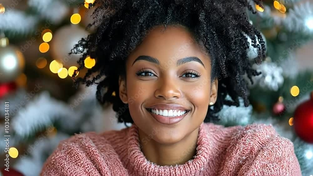 A cheerful woman with curly hair beams at the camera as she sits near a beautifully decorated Christmas tree filled with lights and ornaments A cheerful woman with curly hair beams at the camera as she sits near a beautifully decorated Christmas tree filled with lights and ornaments