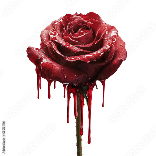 Red roses dyed with dripping blood, isolated on a transparent background