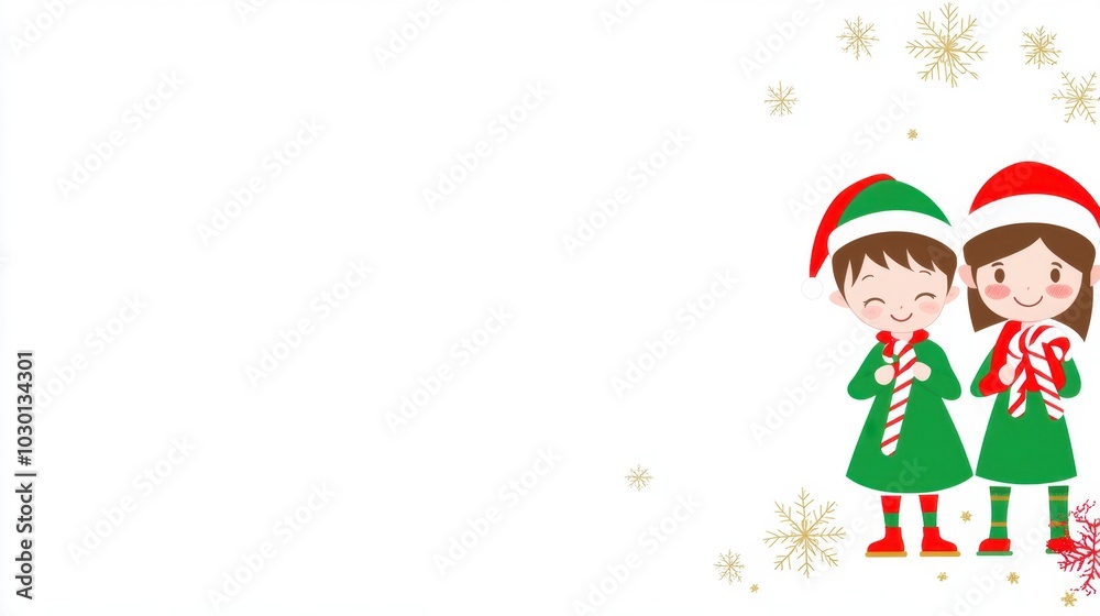 Cute Christmas Elves with Candy Cane in Festive Winter Wonderland Cute Christmas Elves with Candy Cane in Festive Winter Wonderland