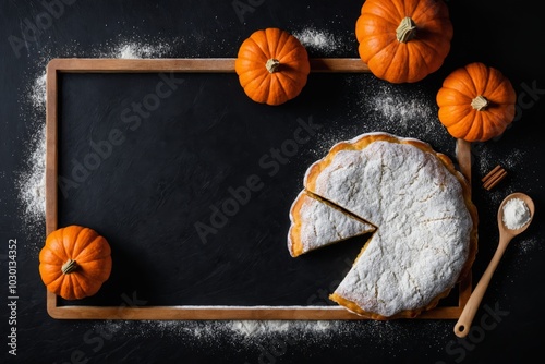 Overhead view of a delicious pumpkin pie with mini pumpkins on a dark background