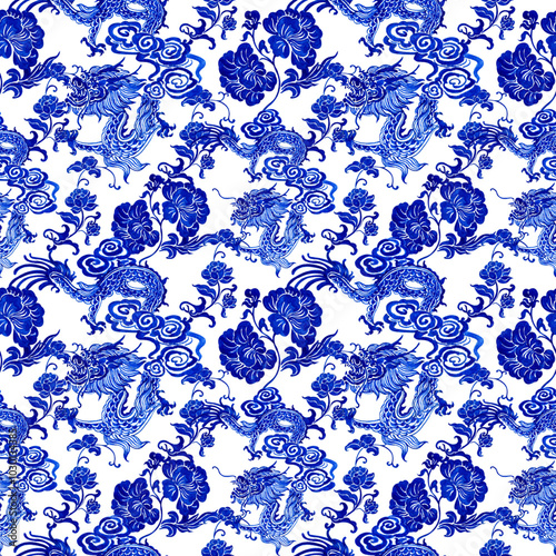 classic chinese porcelain motifs, hand-drawn watercolor painting pattern seamless design