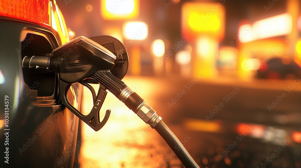 Obraz premium Close-Up: Fuel Nozzle Refueling Car at Well-Lit Gas Station