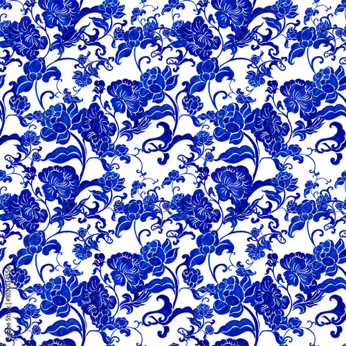 refined chinese porcelain patterns, hand-drawn watercolor painting pattern seamless design