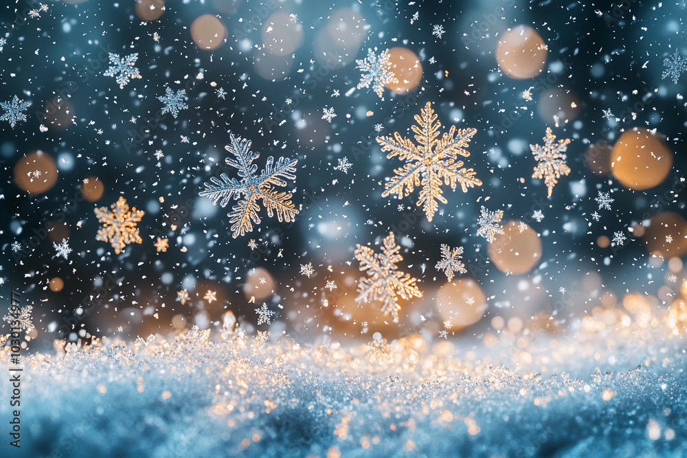 Fototapeta premium Magical snowfall with sparkling snowflakes under soft light