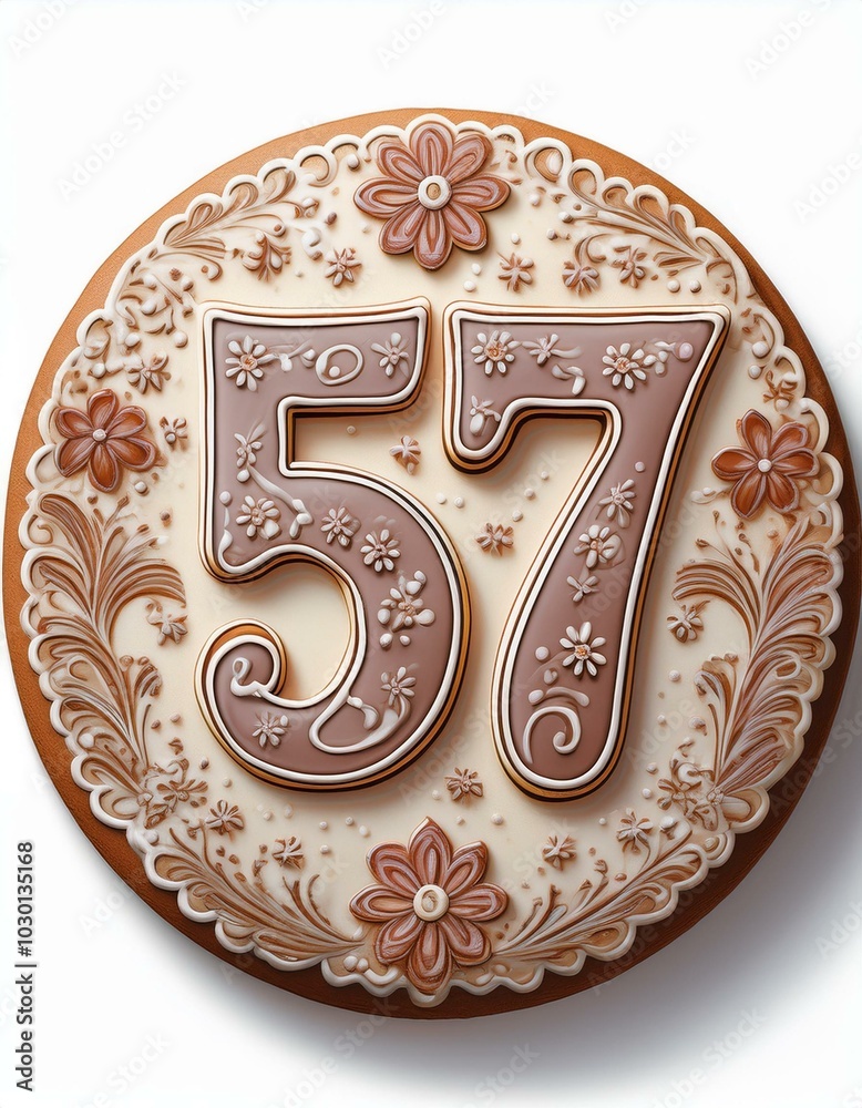 Decorated cookie, number 57, illustration for birthday or anniversary celebration Decorated cookie, number 57, illustration for birthday or anniversary celebration