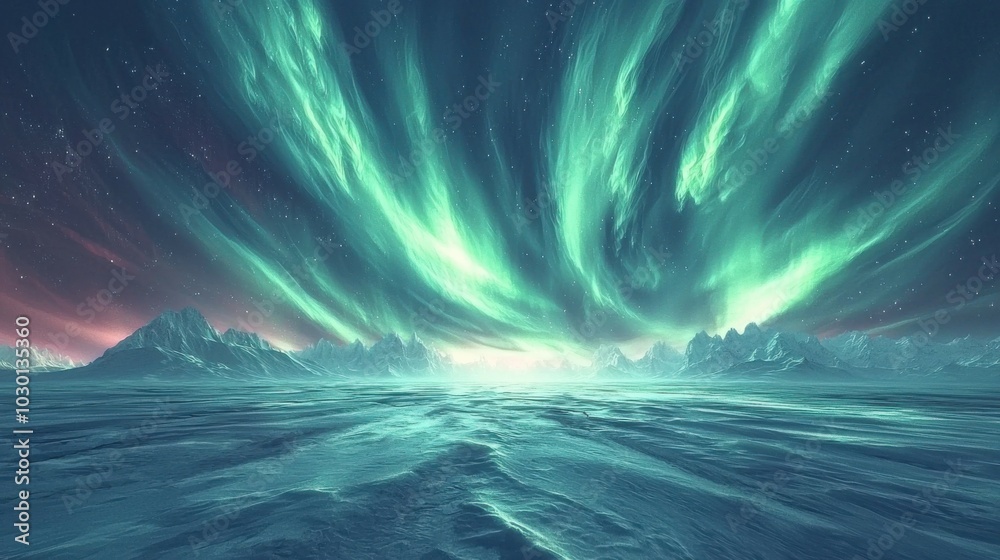 A stunning depiction of the Aurora Borealis illuminating a frozen landscape with mountains in the distance and a starry sky above. A stunning depiction of the Aurora Borealis illuminating a frozen landscape with mountains in the distance and a starry sky above.