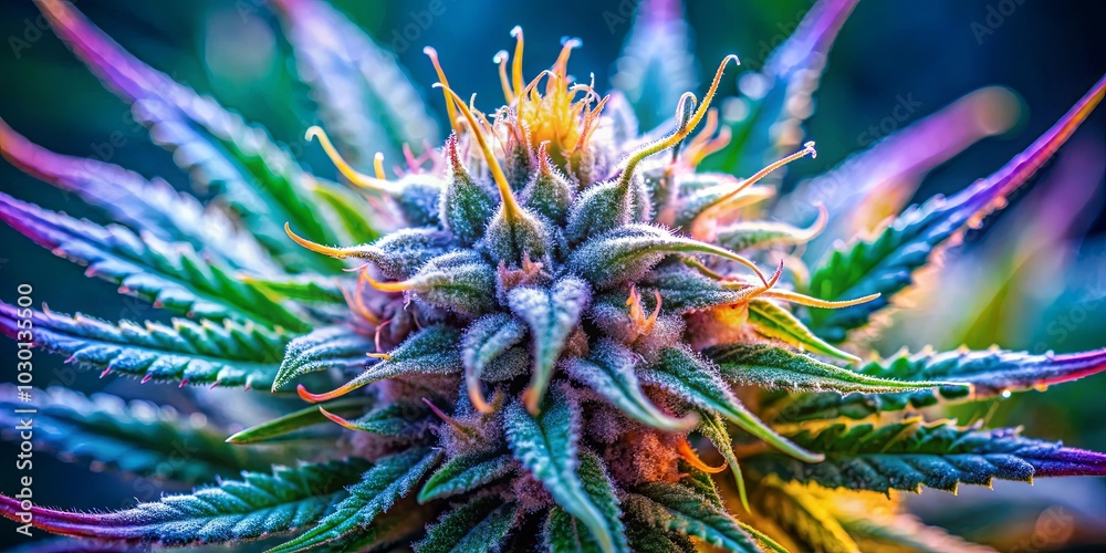 A Vivid Close-up of a Cannabis Bud, Bathed in a Rainbow of Hues, Its Frosted Leaves Shimmering under the Soft Glow of Light A Vivid Close-up of a Cannabis Bud, Bathed in a Rainbow of Hues, Its Frosted Leaves Shimmering under the Soft Glow of Light